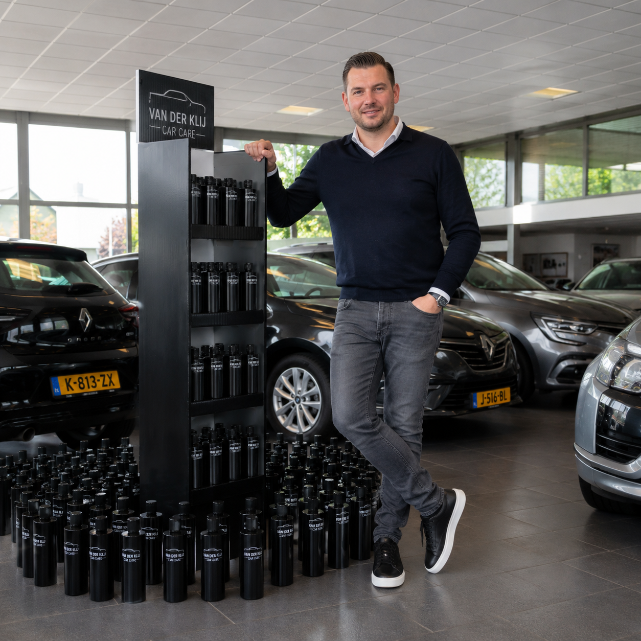 Autobedrijf met eigen merk display en whitelabel autoverzorgingsproducten in de showroom