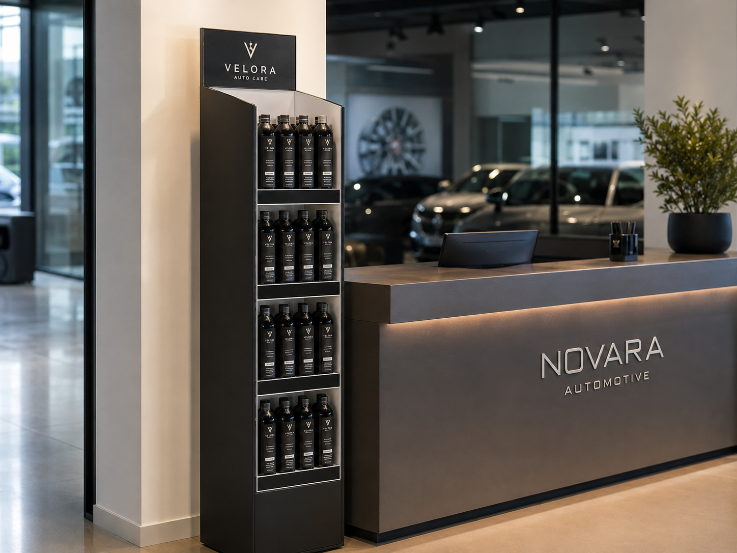 Autohaus-Ausstellungsraum mit einer eigenen Whitelabel-Autopflegelinie im Display
